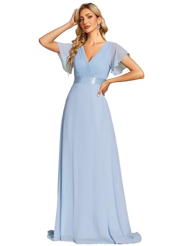 Ever-Pretty Damen Abendkleid Frau A-Linie Chiffon Brautjungfernkleid V Ausschnitt Hochzeit Blaues EIS 48 von Ever-Pretty