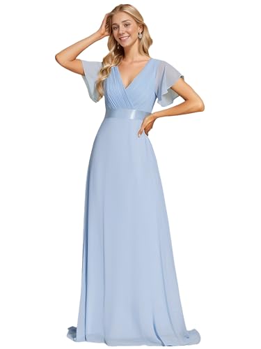 Ever-Pretty Damen Abendkleid Frau A-Linie Chiffon Brautjungfernkleid V Ausschnitt Hochzeit Blaues EIS 58 von Ever-Pretty