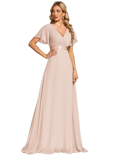 Ever-Pretty Damen Abendkleid Frau A-Linie Chiffon Brautjungfernkleid V Ausschnitt Hochzeit Nude Rosa 44 von Ever-Pretty