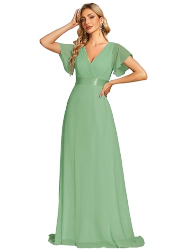 Ever-Pretty Damen Abendkleid Frau A-Linie Chiffon Brautjungfernkleid V Ausschnitt Hochzeit Salbeigrün 40 von Ever-Pretty
