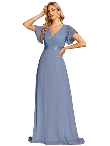 Ever-Pretty Damen Abendkleid Frau A-Linie Chiffon Brautjungfernkleid V Ausschnitt Hochzeit Schieferblau 40 von Ever-Pretty