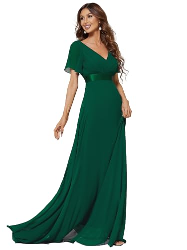 Ever-Pretty Damen Abendkleid Frau A-Linie Chiffon Festliches Kleid V Ausschnitt Hochzeit Bodenlang Dunkelgrün 42 von Ever-Pretty