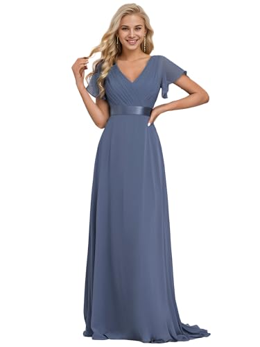 Ever-Pretty Damen Abendkleid Frau A-Linie Chiffon Festliches Kleid V Ausschnitt Hochzeit Bodenlang Staubige Marine 50 von Ever-Pretty