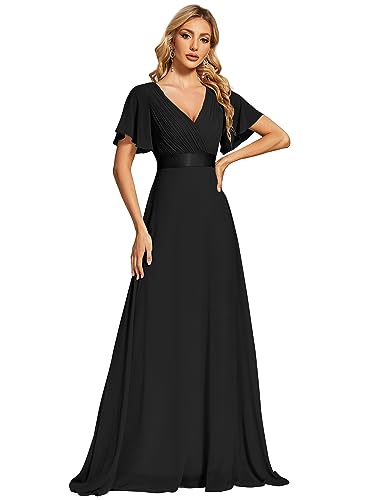 Ever-Pretty Damen Abendkleid Frau A-Linie Chiffon V Ausschnitt Hochzeit Bodenlang Schwarz 44 von Ever-Pretty