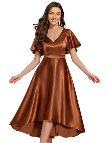 Ever-Pretty Damen Abendkleid Hochzeitsgast Sommer Midi V-Ausschnitt mit Taschen Satin Festlich Große Größen Bronze 38 von Ever-Pretty
