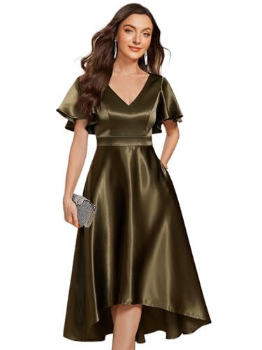Ever-Pretty Damen Abendkleid Hochzeitsgast Sommer Midi V-Ausschnitt mit Taschen Satin Festlich Große Größen Olivgrün 36 von Ever-Pretty
