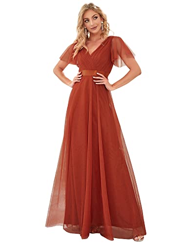 Ever-Pretty Damen Abendkleid Lang A-Linie Tüll Brautjungfer Partykleid Kurze Ärmel Gebrannte Orange 44 von Ever-Pretty
