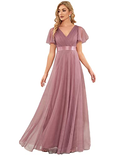 Ever-Pretty Damen Abendkleid Lang A-Linie Tüll Brautjungfer Partykleid Kurze Ärmel Orchidee 54 von Ever-Pretty