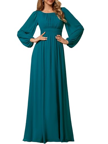 Ever-Pretty Damen Abendkleid Lang Elegant Maxi Hochzeit Lange Ärmel Chiffon Brautjungfernkleider Ballkleid Blaugrün 38 von Ever-Pretty