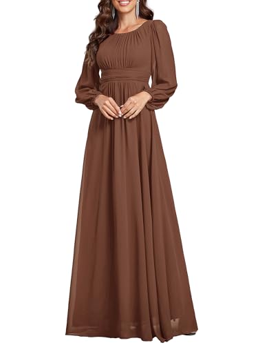 Ever-Pretty Damen Abendkleid Lang Elegant Maxi Hochzeit Lange Ärmel Chiffon Brautjungfernkleider Ballkleid Braun 40 von Ever-Pretty