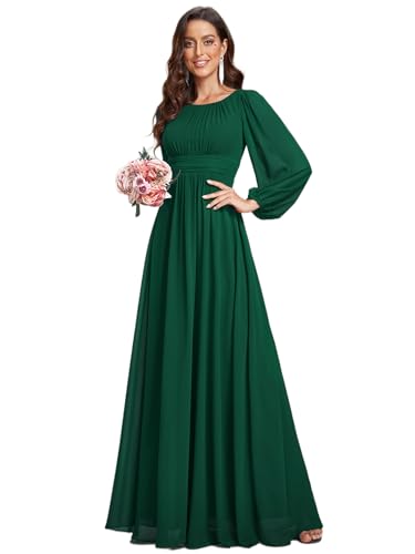 Ever-Pretty Damen Abendkleid Lang Elegant Maxi Hochzeit Lange Ärmel Chiffon Brautjungfernkleider Ballkleid Dunkelgrün 38 von Ever-Pretty