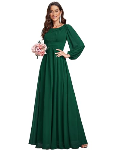 Ever-Pretty Damen Abendkleid Lang Elegant Maxi Hochzeit Lange Ärmel Chiffon Brautjungfernkleider Ballkleid Dunkelgrün 52 von Ever-Pretty