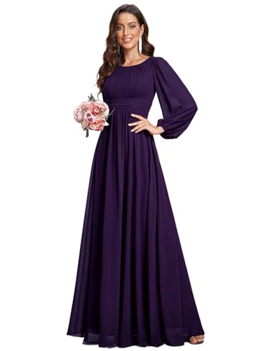 Ever-Pretty Damen Abendkleid Lang Elegant Maxi Hochzeit Lange Ärmel Chiffon Brautjungfernkleider Ballkleid Dunkelviolett 58 von Ever-Pretty