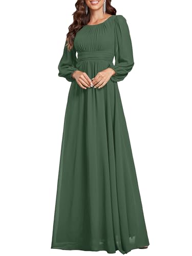 Ever-Pretty Damen Abendkleid Lang Elegant Maxi Hochzeit Lange Ärmel Chiffon Brautjungfernkleider Ballkleid Eukalyptus Grün 44 von Ever-Pretty