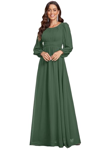 Ever-Pretty Damen Abendkleid Lang Elegant Maxi Hochzeit Lange Ärmel Chiffon Brautjungfernkleider Ballkleid Eukalyptus Grün 50 von Ever-Pretty
