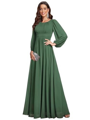 Ever-Pretty Damen Abendkleid Lang Elegant Maxi Hochzeit Lange Ärmel Chiffon Brautjungfernkleider Ballkleid Eukalyptus Grün 58 von Ever-Pretty