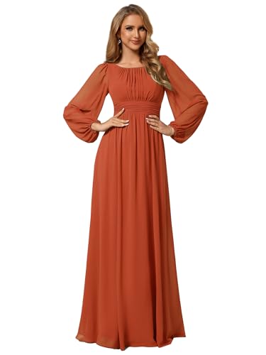 Ever-Pretty Damen Abendkleid Lang Elegant Maxi Hochzeit Lange Ärmel Chiffon Brautjungfernkleider Ballkleid Gebranntes Orange 40 von Ever-Pretty