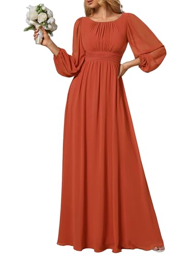 Ever-Pretty Damen Abendkleid Lang Elegant Maxi Hochzeit Lange Ärmel Chiffon Brautjungfernkleider Ballkleid Gebranntes Orange 42 von Ever-Pretty