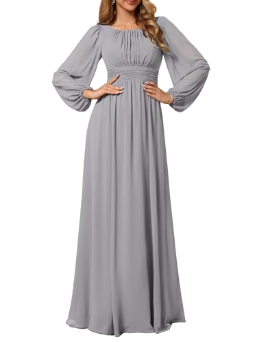 Ever-Pretty Damen Abendkleid Lang Elegant Maxi Hochzeit Lange Ärmel Chiffon Brautjungfernkleider Ballkleid Grau 36 von Ever-Pretty