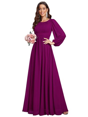 Ever-Pretty Damen Abendkleid Lang Elegant Maxi Hochzeit Lange Ärmel Chiffon Brautjungfernkleider Ballkleid Lila Rot 46 von Ever-Pretty