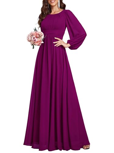 Ever-Pretty Damen Abendkleid Lang Elegant Maxi Hochzeit Lange Ärmel Chiffon Brautjungfernkleider Ballkleid Lila Rot 54 von Ever-Pretty