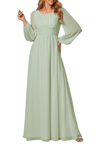 Ever-Pretty Damen Abendkleid Lang Elegant Maxi Hochzeit Lange Ärmel Chiffon Brautjungfernkleider Ballkleid Minzgrün 40 von Ever-Pretty