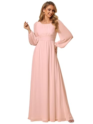 Ever-Pretty Damen Abendkleid Lang Elegant Maxi Hochzeit Lange Ärmel Chiffon Brautjungfernkleider Ballkleid Rosa 38 von Ever-Pretty