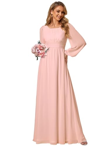 Ever-Pretty Damen Abendkleid Lang Elegant Maxi Hochzeit Lange Ärmel Chiffon Brautjungfernkleider Ballkleid Rosa 38 von Ever-Pretty