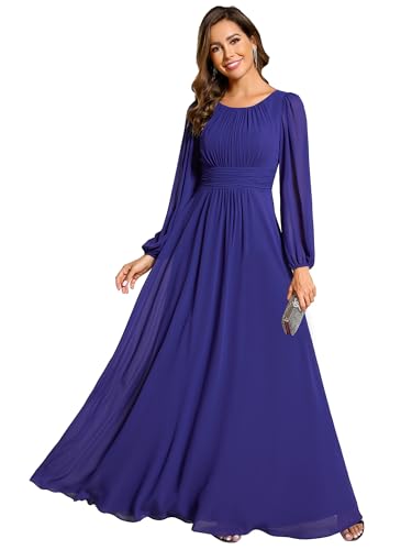 Ever-Pretty Damen Abendkleid Lang Elegant Maxi Hochzeit Lange Ärmel Chiffon Brautjungfernkleider Ballkleid Saphirblau 38 von Ever-Pretty