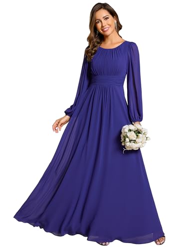 Ever-Pretty Damen Abendkleid Lang Elegant Maxi Hochzeit Lange Ärmel Chiffon Brautjungfernkleider Ballkleid Saphirblau 48 von Ever-Pretty