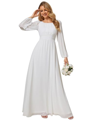 Ever-Pretty Damen Abendkleid Lang Elegant Maxi Hochzeit Lange Ärmel Chiffon Brautjungfernkleider Ballkleid Weiß 56 von Ever-Pretty