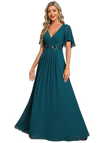 Ever-Pretty Damen Abendkleid Lang Elegant für Hochzeit Appliziertes V-Ausschnitt A-Linie Ballkleider Chiffon Brautjungferkleider Blaugrün 52 von Ever-Pretty