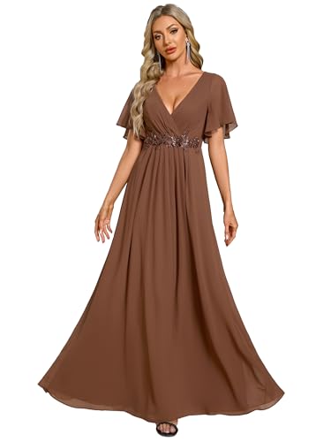 Ever-Pretty Damen Abendkleid Lang Elegant für Hochzeit Appliziertes V-Ausschnitt A-Linie Ballkleider Chiffon Brautjungferkleider Braun 36 von Ever-Pretty