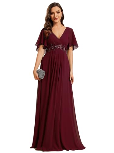 Ever-Pretty Damen Abendkleid Lang Elegant für Hochzeit Appliziertes V-Ausschnitt A-Linie Ballkleider Chiffon Brautjungferkleider Burgund 50 von Ever-Pretty