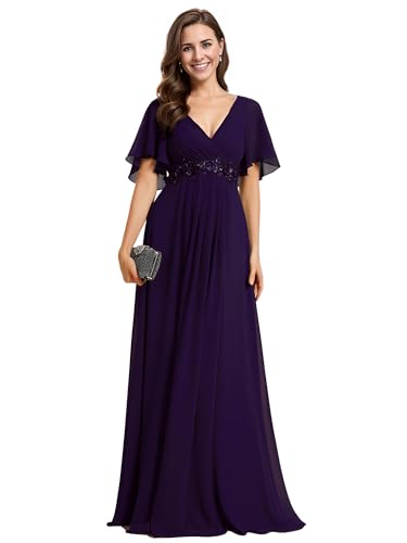 Ever-Pretty Damen Abendkleid Lang Elegant für Hochzeit Appliziertes V-Ausschnitt A-Linie Ballkleider Chiffon Brautjungferkleider Dunkelviolett 36 von Ever-Pretty