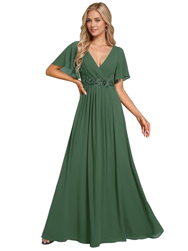 Ever-Pretty Damen Abendkleid Lang Elegant für Hochzeit Appliziertes V-Ausschnitt A-Linie Ballkleider Chiffon Brautjungferkleider Eukalyptus Grün 42 von Ever-Pretty
