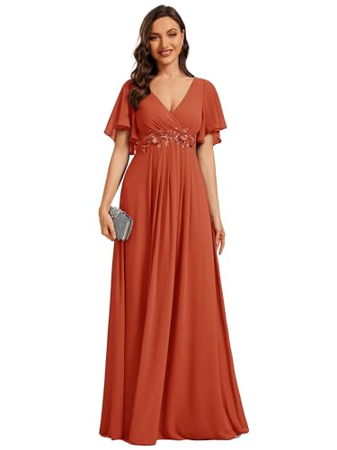 Ever-Pretty Damen Abendkleid Lang Elegant für Hochzeit Appliziertes V-Ausschnitt A-Linie Ballkleider Chiffon Brautjungferkleider Gebranntes Orange 44 von Ever-Pretty