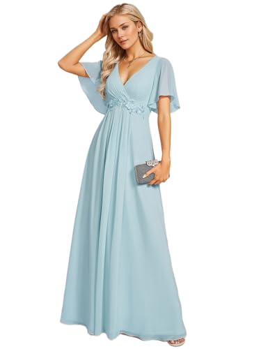 Ever-Pretty Damen Abendkleid Lang Elegant für Hochzeit Appliziertes V-Ausschnitt A-Linie Ballkleider Chiffon Brautjungferkleider Himmelblau 52 von Ever-Pretty