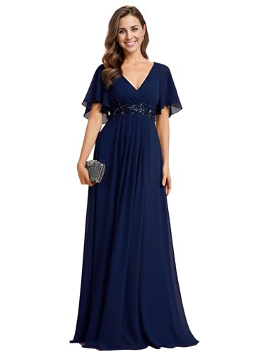 Ever-Pretty Damen Abendkleid Lang Elegant für Hochzeit Appliziertes V-Ausschnitt A-Linie Ballkleider Chiffon Brautjungferkleider Marineblau 52 von Ever-Pretty