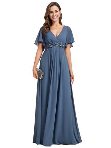 Ever-Pretty Damen Abendkleid Lang Elegant für Hochzeit Appliziertes V-Ausschnitt A-Linie Ballkleider Chiffon Brautjungferkleider Nebelblau 36 von Ever-Pretty