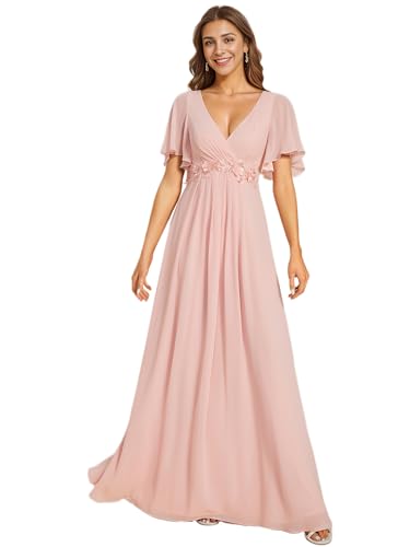 Ever-Pretty Damen Abendkleid Lang Elegant für Hochzeit Appliziertes V-Ausschnitt A-Linie Ballkleider Chiffon Brautjungferkleider Rosa 44 von Ever-Pretty