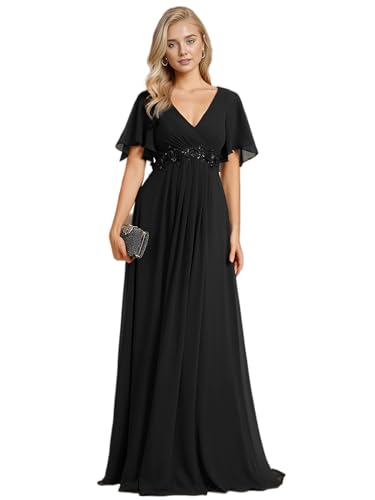 Ever-Pretty Damen Abendkleid Lang Elegant für Hochzeit Appliziertes V-Ausschnitt A-Linie Ballkleider Chiffon Brautjungferkleider Schwarz 44 von Ever-Pretty