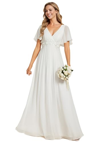 Ever-Pretty Damen Abendkleid Lang Elegant für Hochzeit Appliziertes V-Ausschnitt A-Linie Ballkleider Chiffon Brautjungferkleider Weiß 46 von Ever-Pretty