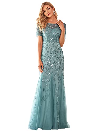 Ever-Pretty Damen Abendkleid Meerjungfrau Pailletten Tüll Partykleid Kurze Ärmel lang Dunkles Himmelblau 38 von Ever-Pretty