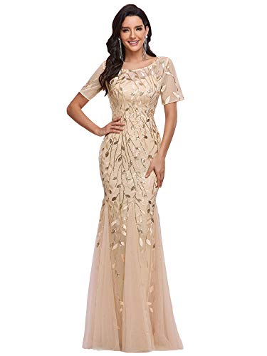 Ever-Pretty Damen Abendkleid Meerjungfrau Pailletten Tüll Partykleid Kurze Ärmel lang Gold 34 von Ever-Pretty