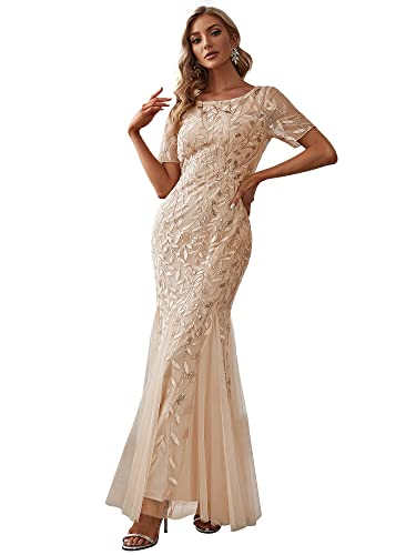 Ever-Pretty Damen Abendkleid Meerjungfrau Pailletten Tüll Partykleid Kurze Ärmel lang Gold 40 von Ever-Pretty