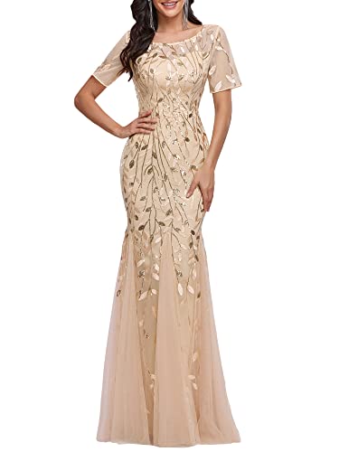 Ever-Pretty Damen Abendkleid Meerjungfrau Pailletten Tüll Partykleid Kurze Ärmel lang Gold 50 von Ever-Pretty