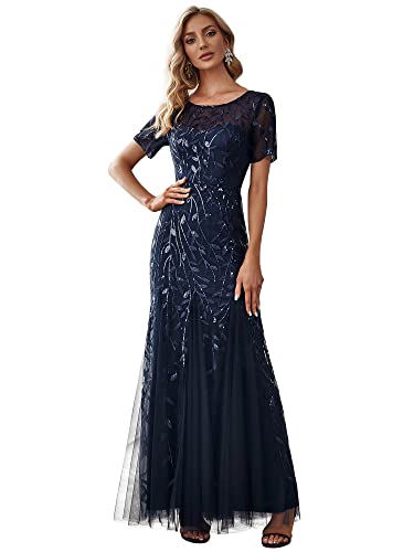 Ever-Pretty Damen Abendkleid Meerjungfrau Pailletten Tüll Partykleid Kurze Ärmel lang Navy blau 56 von Ever-Pretty