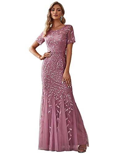 Ever-Pretty Damen Abendkleid Meerjungfrau Pailletten Tüll Partykleid Kurze Ärmel lang Orchidee 36 von Ever-Pretty