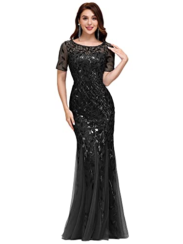 Ever-Pretty Damen Abendkleid Meerjungfrau Pailletten Tüll Partykleid Kurze Ärmel lang Schwarz 46 von Ever-Pretty